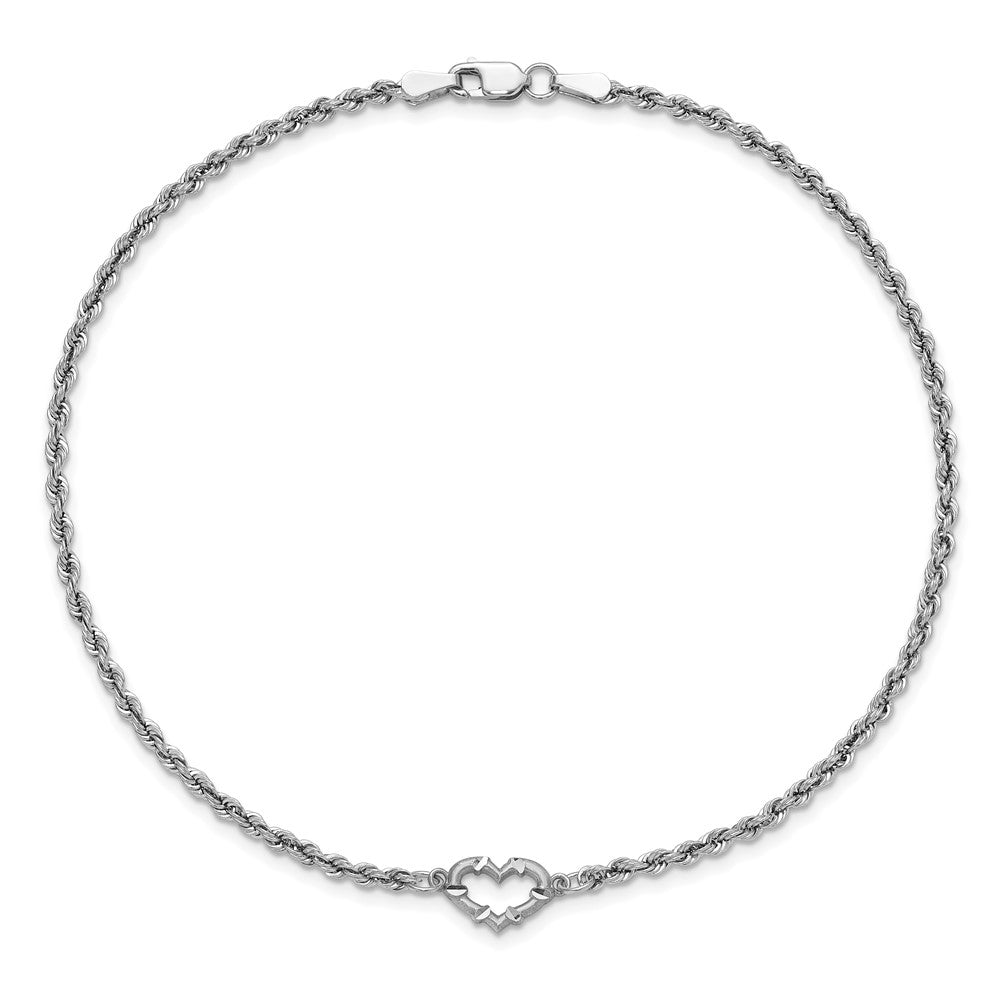 14K White Gold Diamond-cut Open Heart and Rope Chain Bracelet
