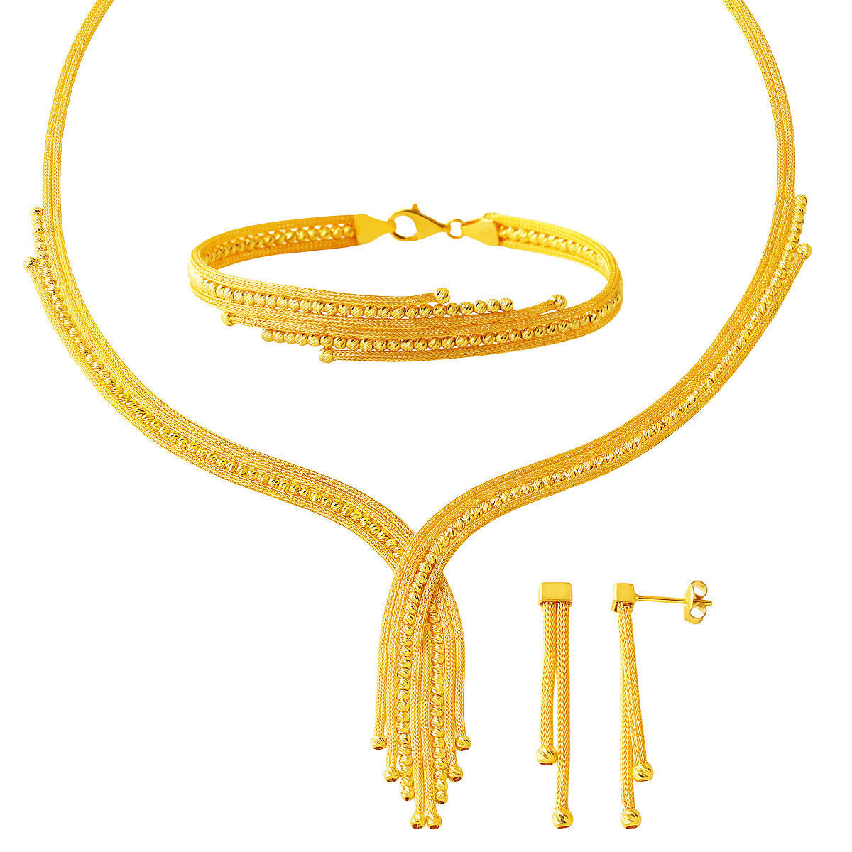 14K Yellow Gold Bead Engraved Braided Jewelry Set