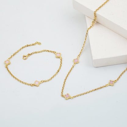 14K Yellow Gold Pink Clover Mother of Pearl Necklace and Bracelet Set