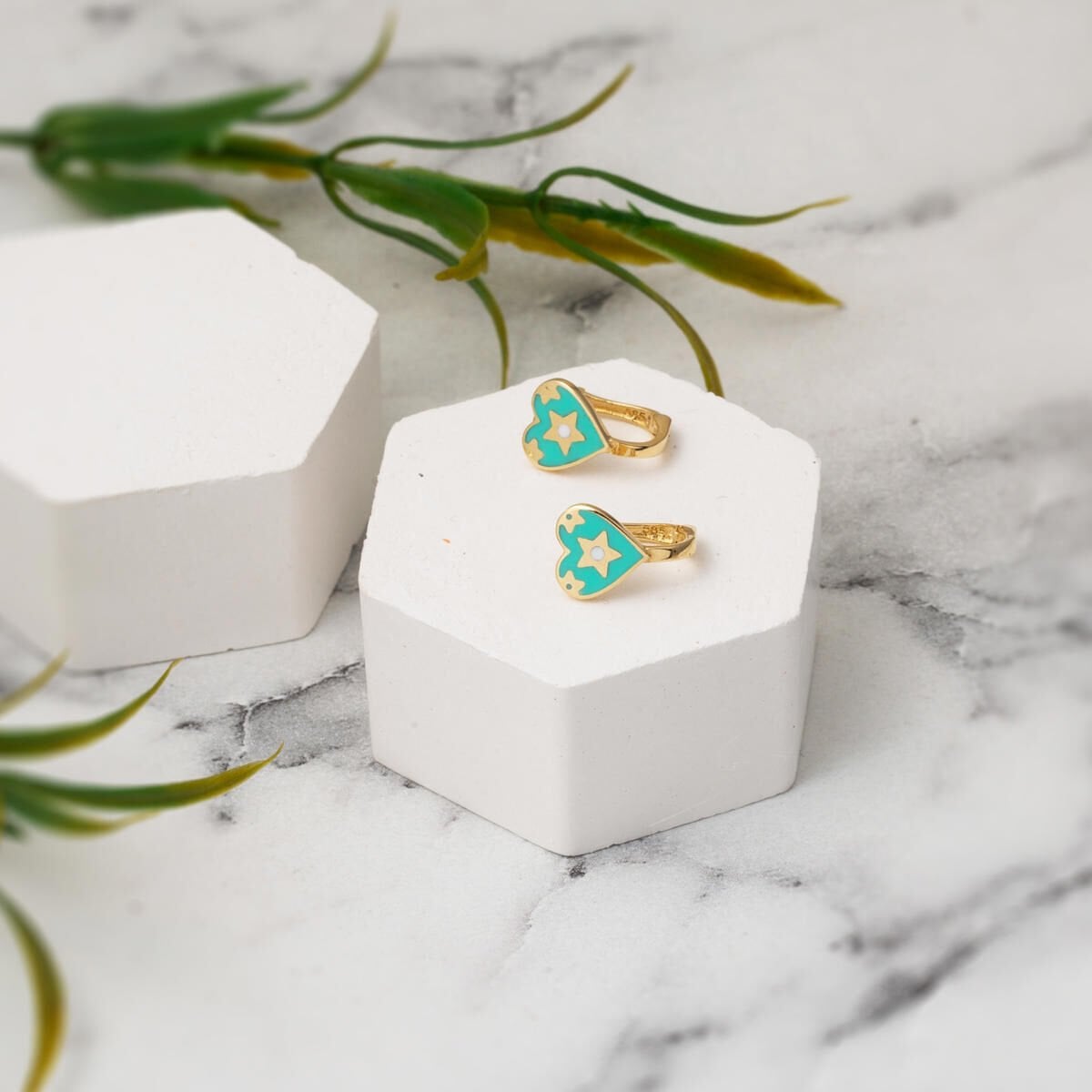 14K Yellow Gold Green Heart Children's Earrings
