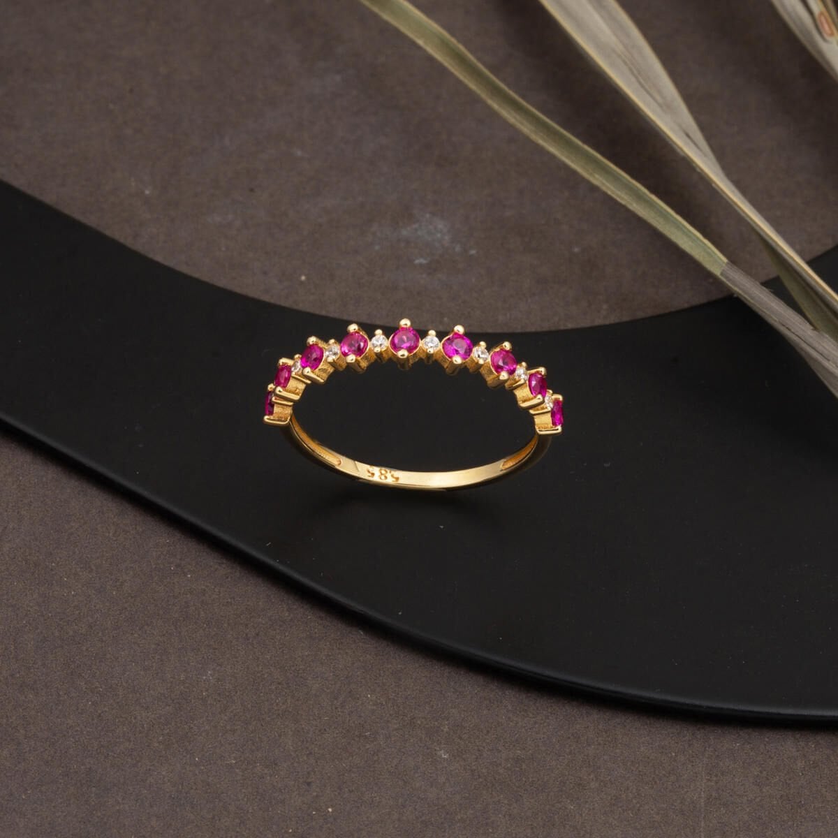 14K Yellow Gold Ruby Sparkle Half Eternity Cubic Zirconia Ring