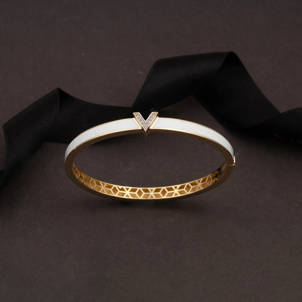 14K Yellow Gold White Enamel Designer Inspired Style Cubic Zirconia Bangle