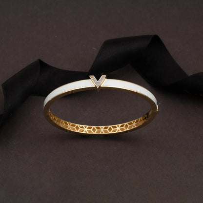 14K Yellow Gold White Enamel Designer Inspired Style Cubic Zirconia Bangle