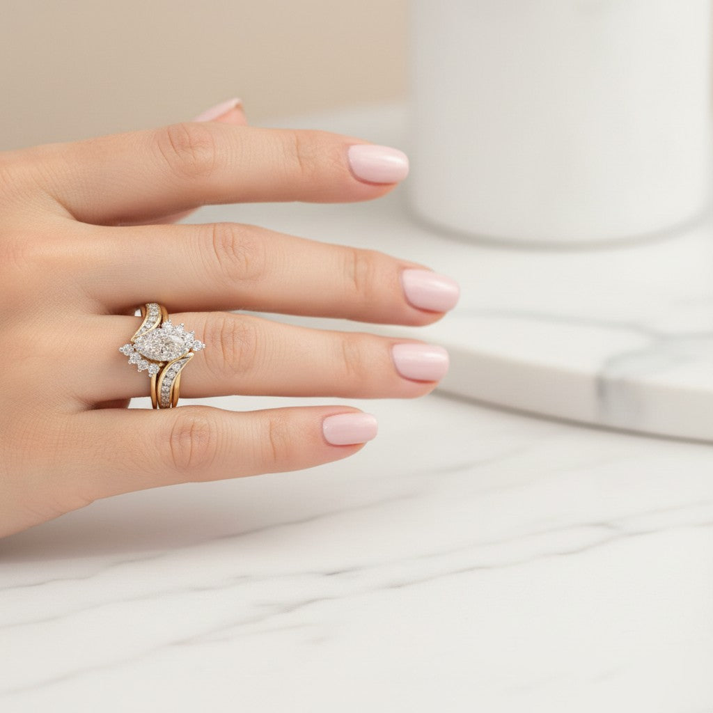 1.0 CT. T.W. Marquise Natural Diamond Tri-Sides Bypass Bridal Engagement Ring Set in Solid 14K Gold
