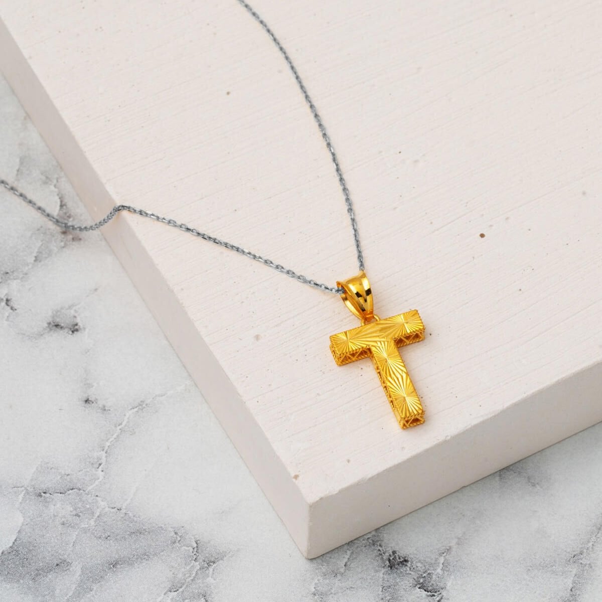 22K Yellow Gold Three Dimensional Initial T Pendant
