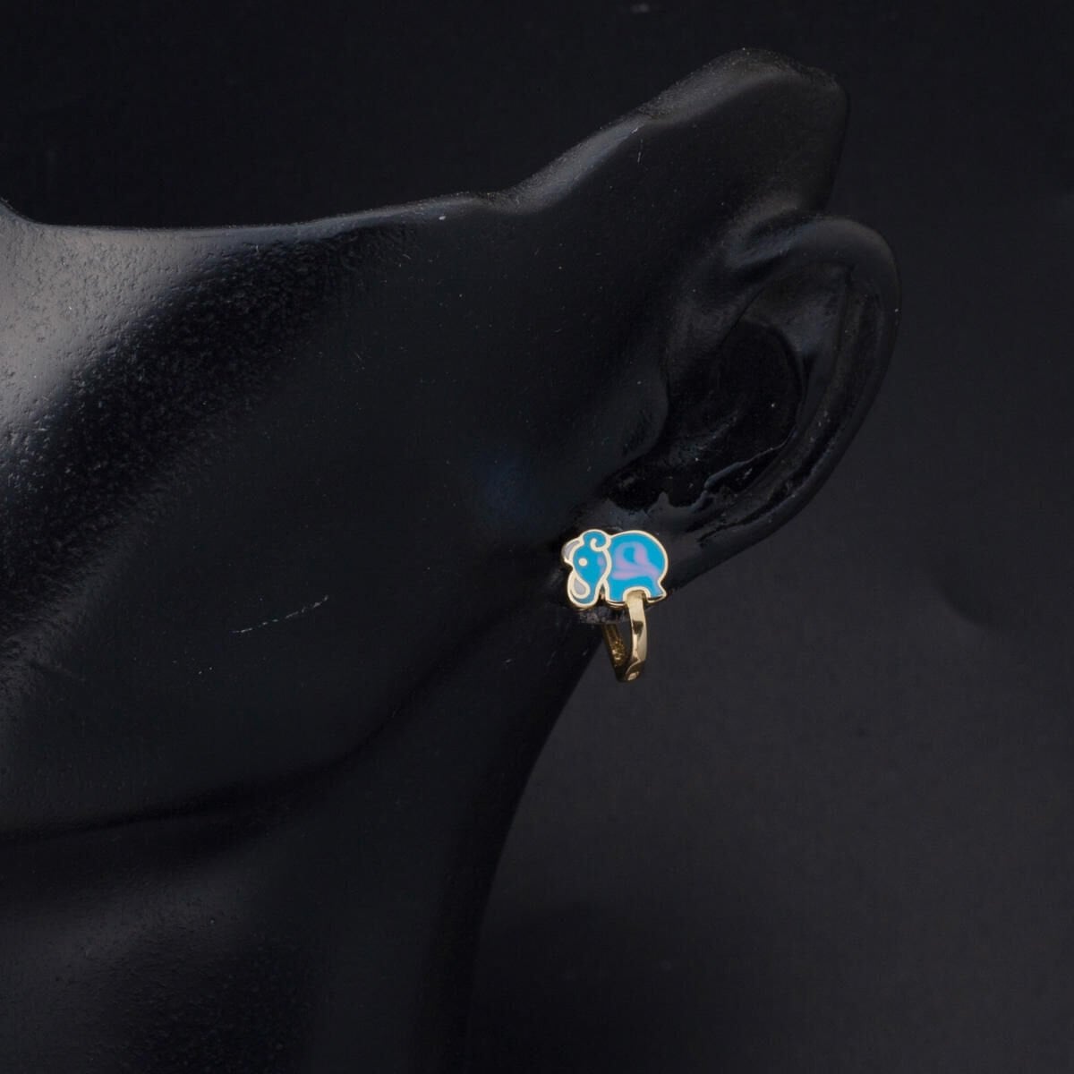 14K Yellow Gold Blue Elephant Enamel Children's Earrings