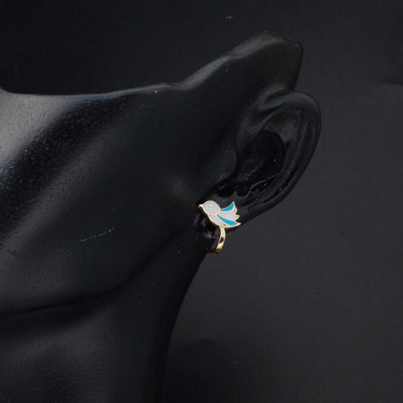 14K Yellow Gold Blue Bird Enamel Children's Earrings