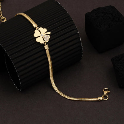 14K Yellow Gold Clover Herringbone Cubic Zirconia Bracelet