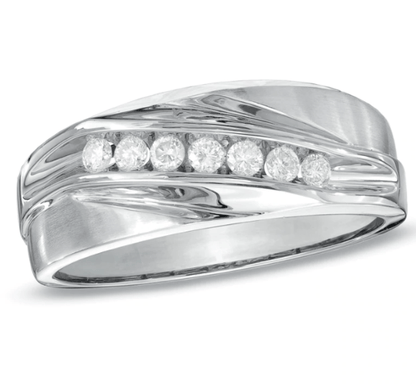 $800 Men's 1/4 CT. Diamond Seven Stone Wedding Band in 14K White Gold