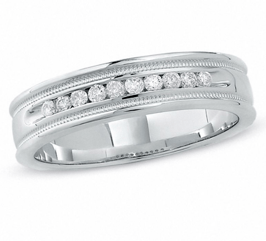 $1000 Men's 1/4 CT. T.W. Diamond Channel Milgrain Band in 14K White Gold