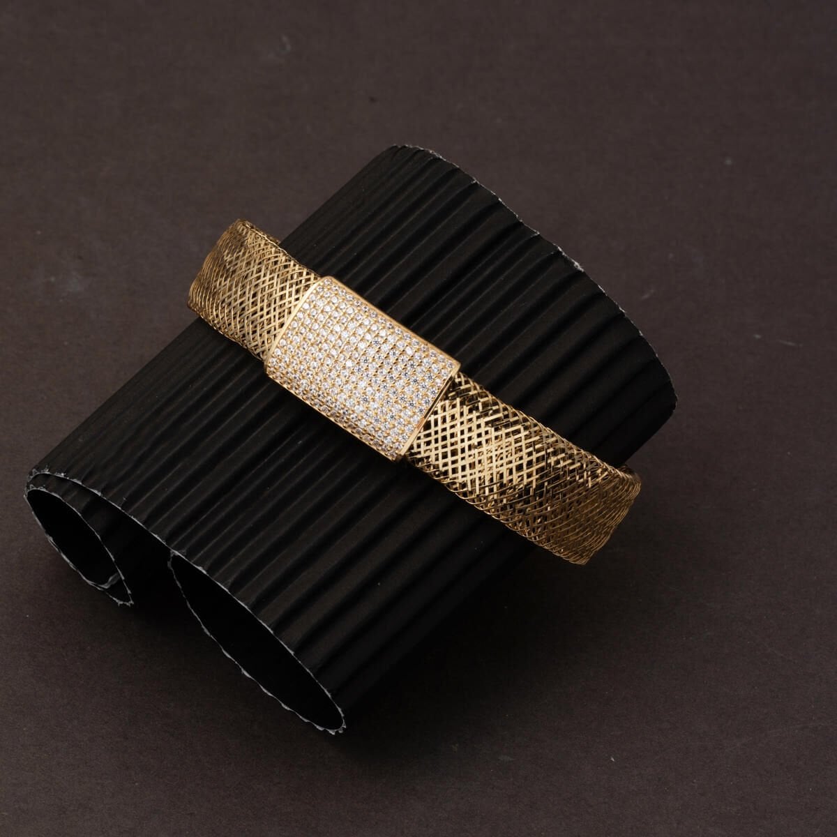 14K Yellow Gold Italian Mesh Cubic Zirconia Bracelet