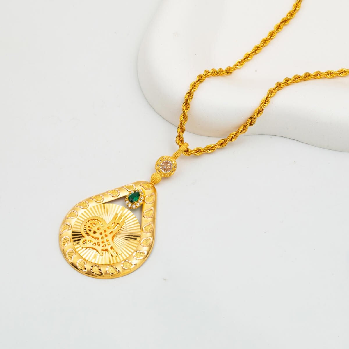 14K Yellow Gold Teardrop Sparkling Ottoman Tughra Cubic Zirconia Necklace