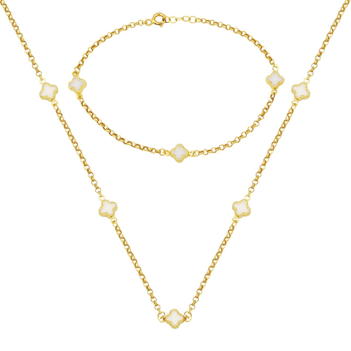 14K Yellow Gold White Clover Mother of Pearl Necklace Bracelet Set