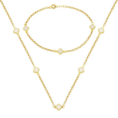 14K Yellow Gold White Clover Mother of Pearl Necklace Bracelet Set