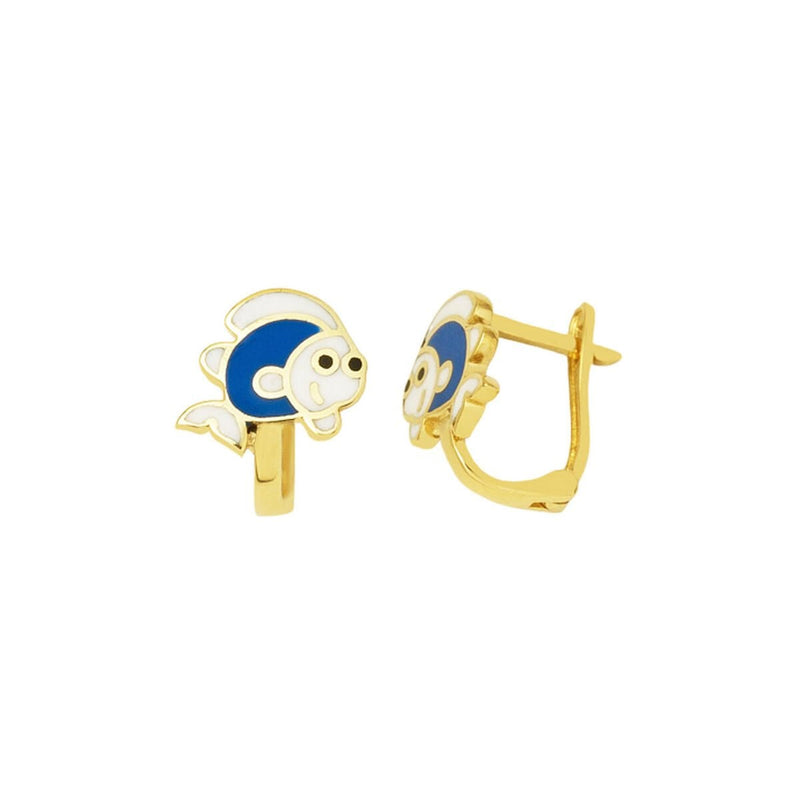 14K Yellow Gold Blue Fish Children's Earrings