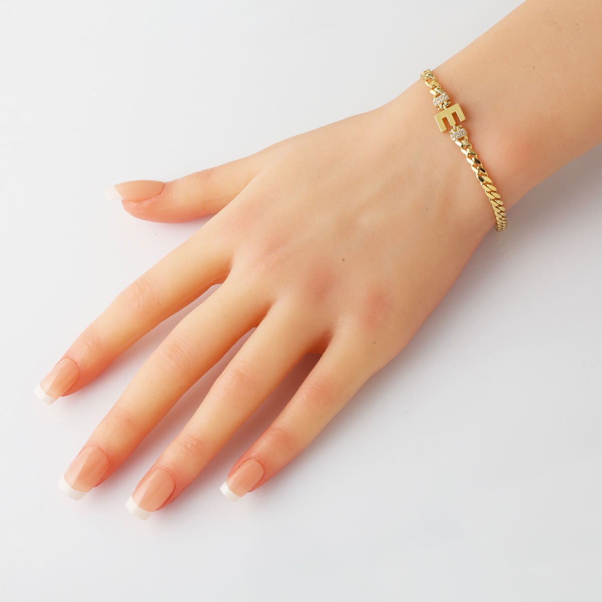 14K Yellow Gold E Initial Curb Cubic Zirconia Bracelet