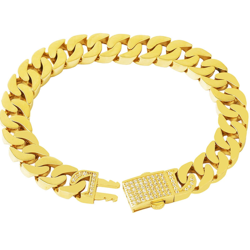 14K Yellow Gold Cuban Curb Chain Cubic Zirconia Bracelet