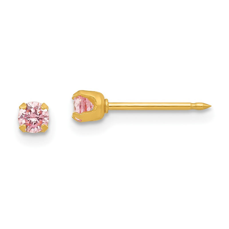 14K Yellow Gold Inverness 3mm Pink Cz Post Earrings