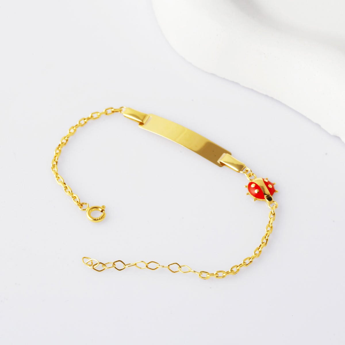 14K Yellow Gold Ladybug Enamel Children's ID Bracelet (1.58 g)