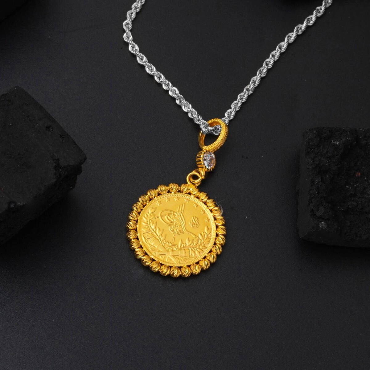 14K Yellow Gold Half Ottoman Resat Coin Cubic Zirconia Pendant