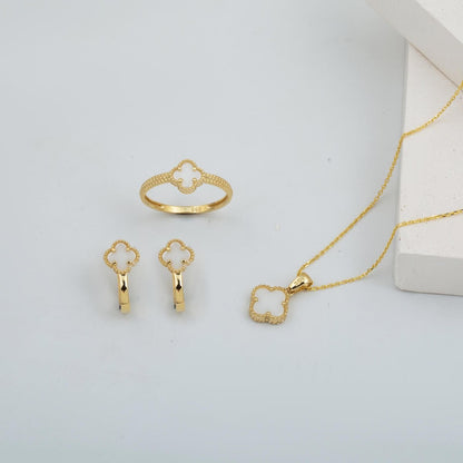 14K Yellow Gold Clover Minimalist Mother of Pearl Jewelry Set