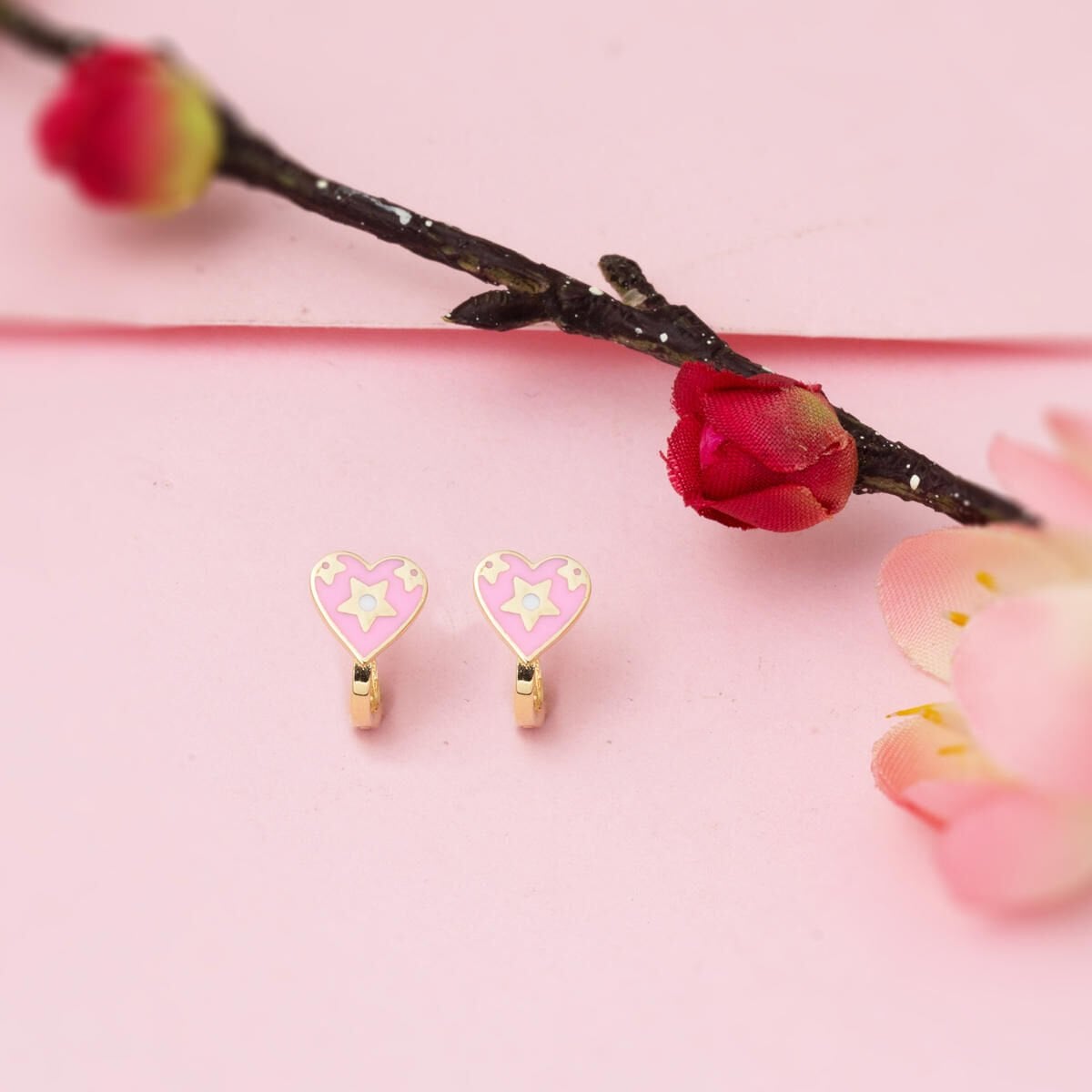 14K Yellow Gold Pink Heart Enamel Children's Earrings