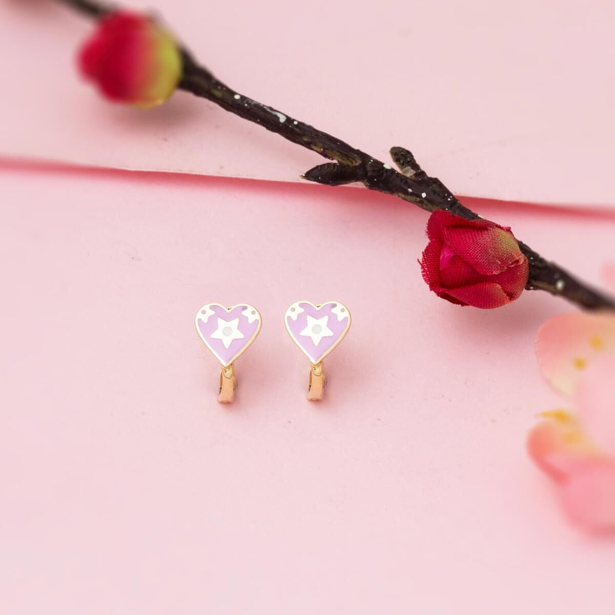 14K Yellow Gold Lilac Enamel Heart Children's Earrings