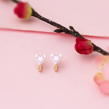 14K Yellow Gold Lilac Enamel Heart Children's Earrings