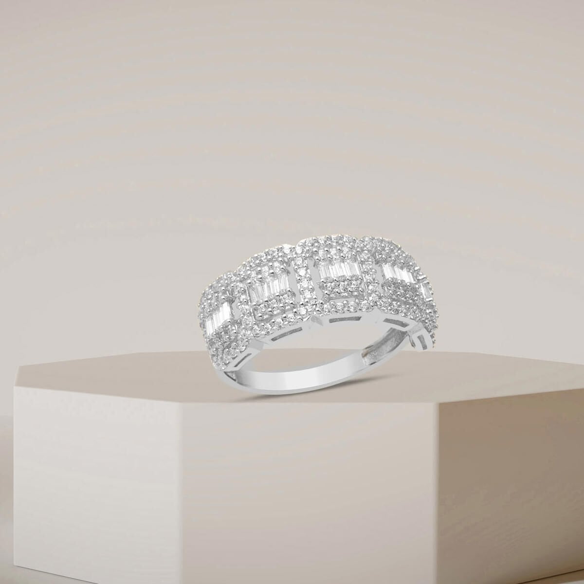 14K White Gold Baguette Five Stone Cubic Zirconia Ring