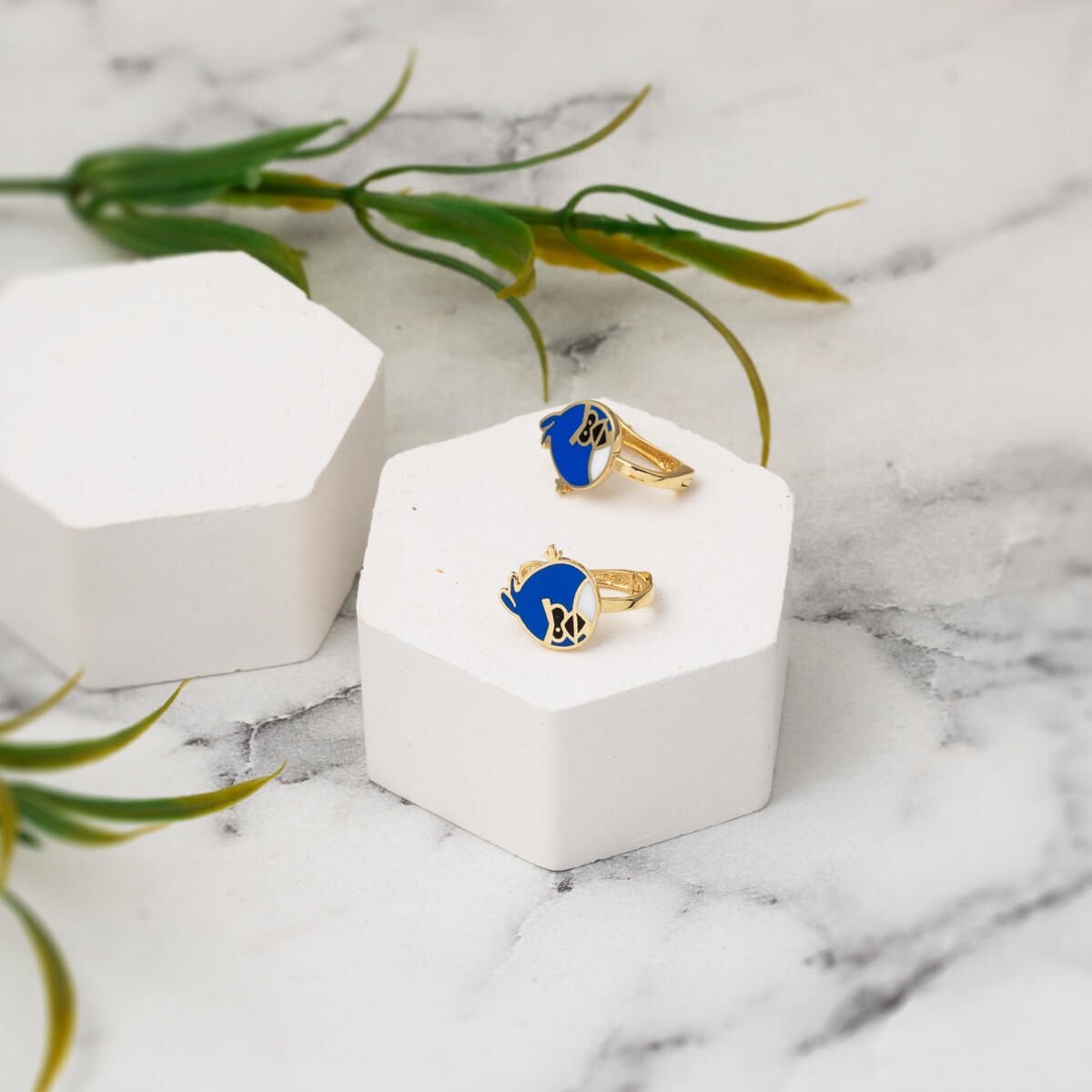 14K Yellow Gold Blue Enamel Designer Inspired Children's Earrings