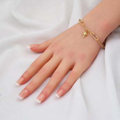 14K Yellow Gold Curb Chain North Star Cubic Zirconia Bracelet