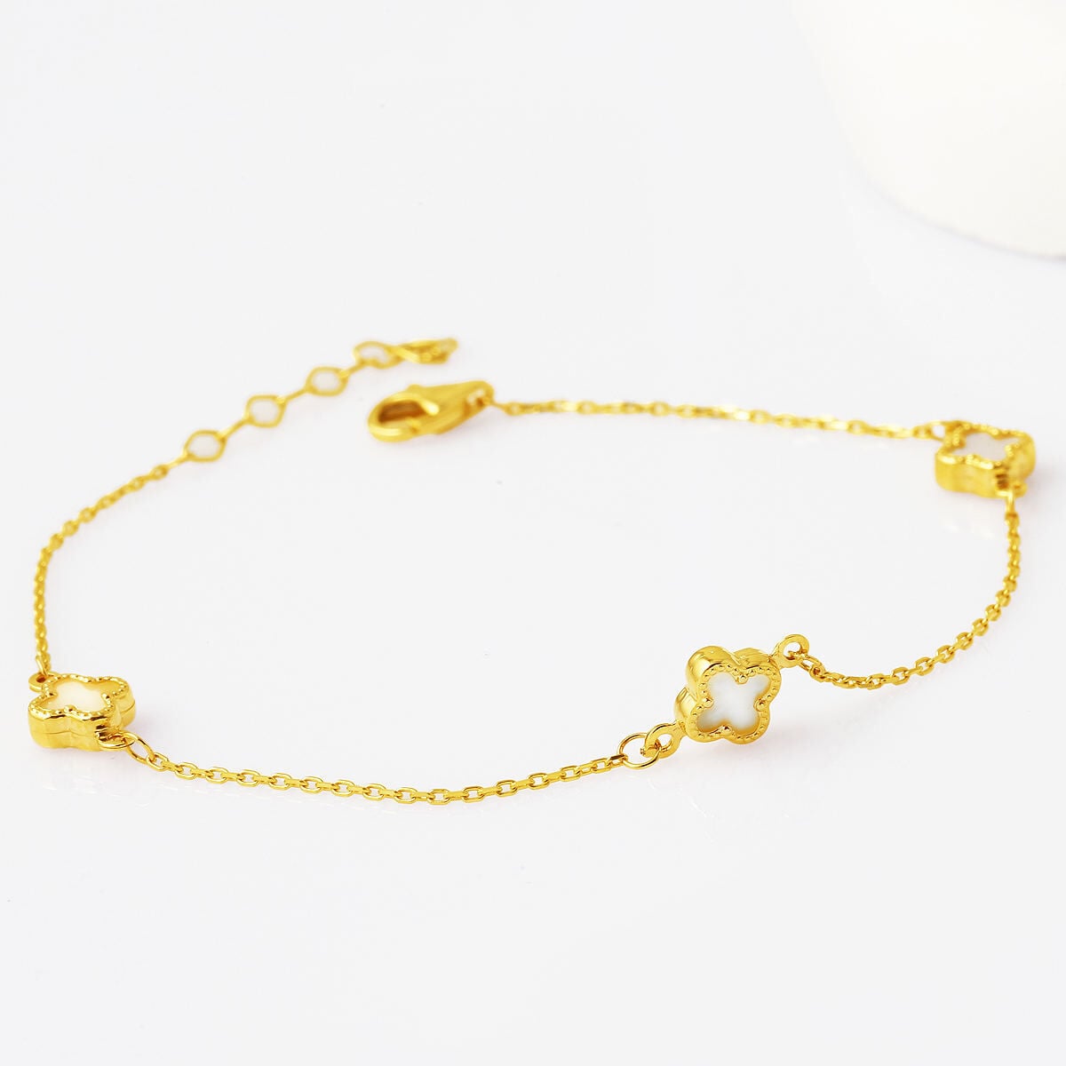 14K Yellow Gold White Clover Minimalist Glass Bracelet