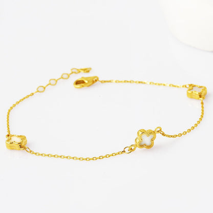 14K Yellow Gold White Clover Minimalist Glass Bracelet