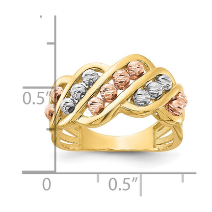 14K Tri-Color Gold Tri-color Polished and Diamond-cut Beads Fashion Ring