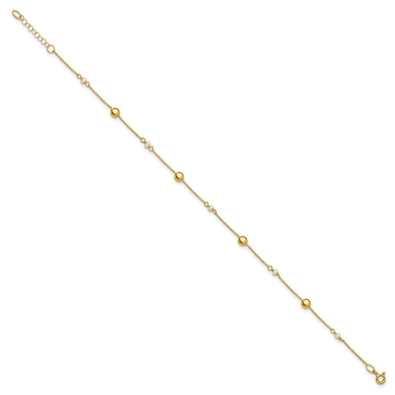 14K Yellow Gold Freshwater Cultured Pearl / Round Beads 9 Inch Plus 1 Inch Extender - Total 10 Inch Anklet
