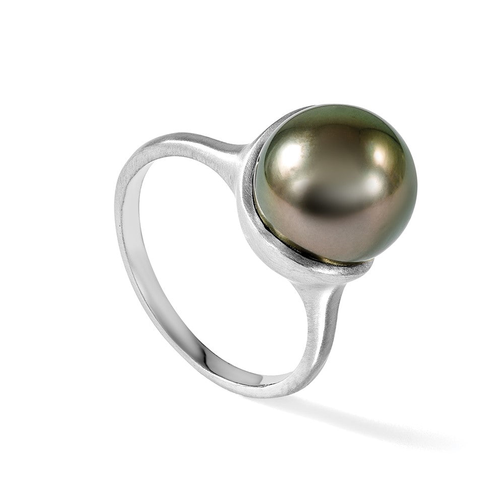 14K White Gold Brushed 10-11mm Round Black Tahitian Saltwater Cultured Pearl Ring