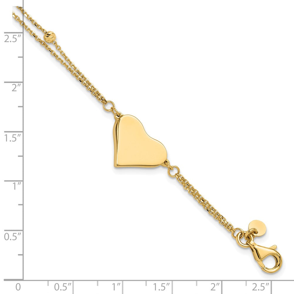 14K Yellow Gold Polished 11x18mm Heart and Diamond-cut Beaded 2-Strand Chain Bracelet