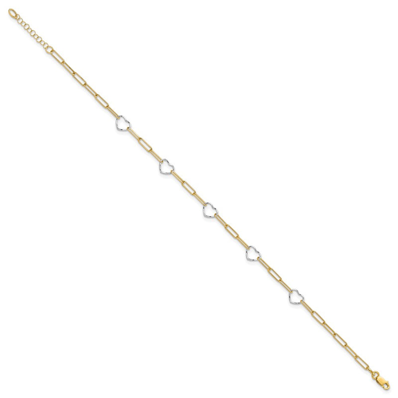 14K Two-Tone Gold Two-tone 5 Hearts and Paperclip Links 9 Inch Plus 1 Inch Extender - Total 10 Inch Anklet