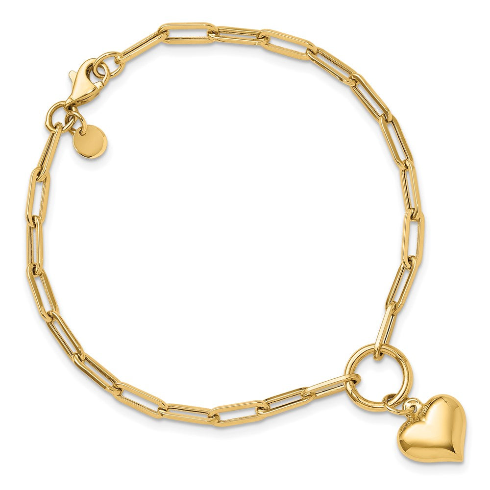 14K Yellow Gold Polished Puffed Heart Dangle Paper Clip Link 7.25 Inch Bracelet