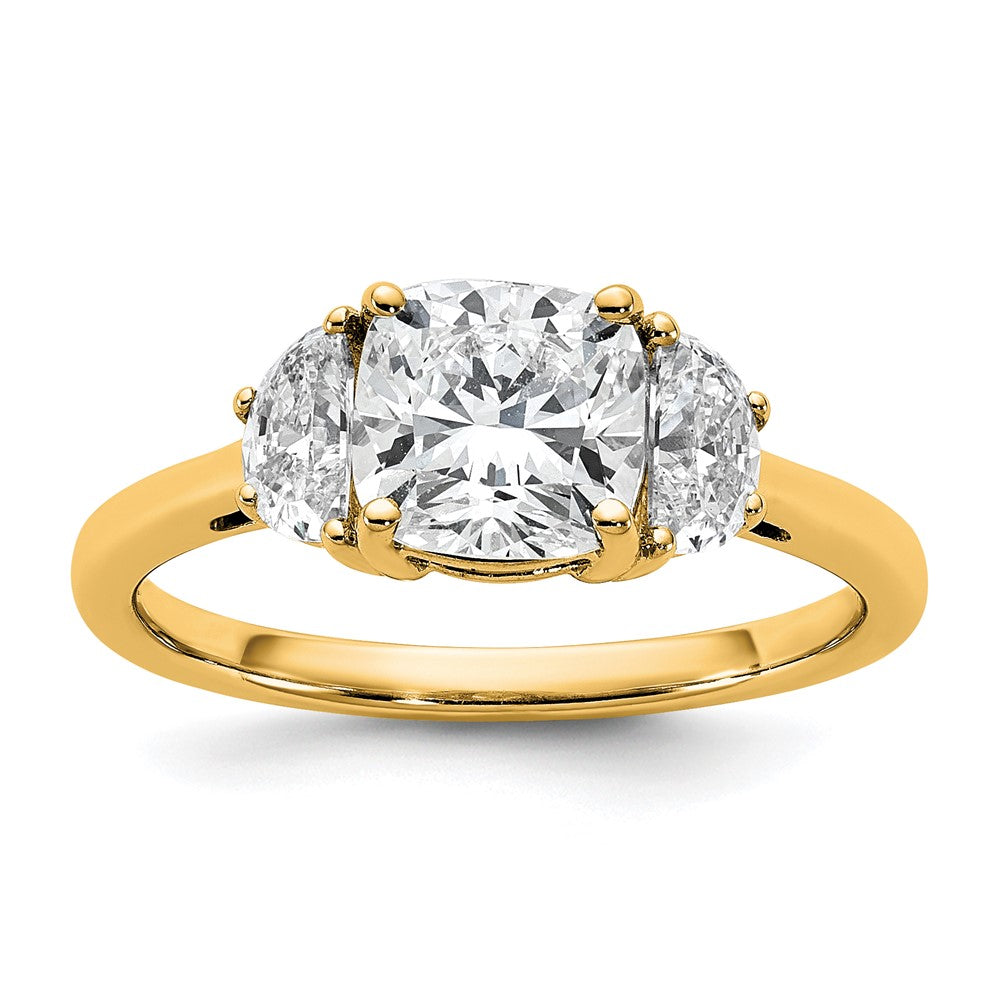14K Yellow Gold 1/2 carat Lab Grown Diamond VS/SI+ G+ Half Moon and 1 1/2 carat Cushion Center Semi Mount Three Stone Engagement Ring