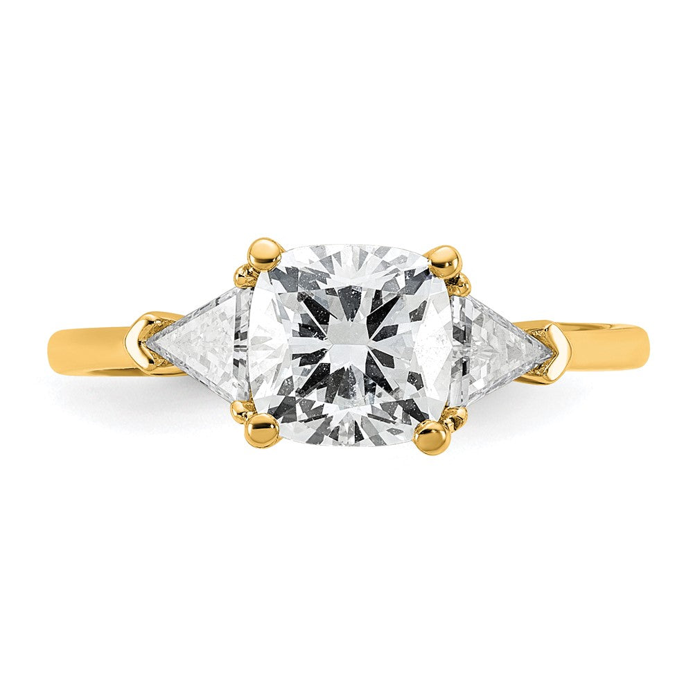 14K Yellow Gold 1/2 carat Lab Grown Diamond VS+ F+ Triangle 1 1/2 carat Cushion Center Semi Mount Three Stone Engagement Ring