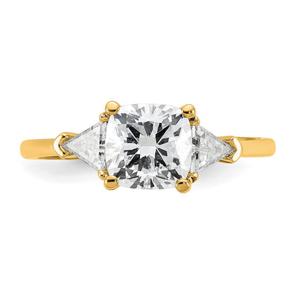 14K Yellow Gold 1/2 carat Lab Grown Diamond VS+ F+ Triangle 1 1/2 carat Cushion Center Semi Mount Three Stone Engagement Ring