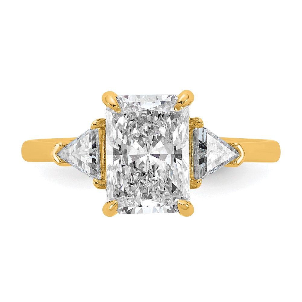 14K Yellow Gold 2 1/2 carat Certified Lab Grown Diamond VS+ F+ Radiant and Triangle Complete Three Stone Engagement Ring