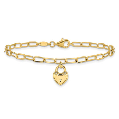 14K Yellow Gold Polished Heart Lock Charm Paperclip Link 7.5 Inch Bracelet