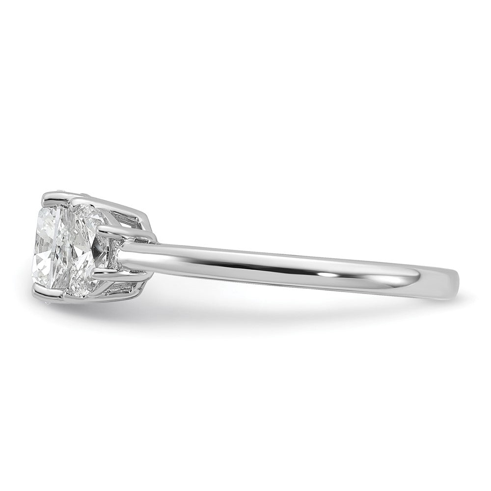 14K White Gold 1/2 carat Lab Grown Diamond VS/SI+ G+ Half Moon and 1 1/2 carat Cushion Center Semi Mount Three Stone Engagement Ring