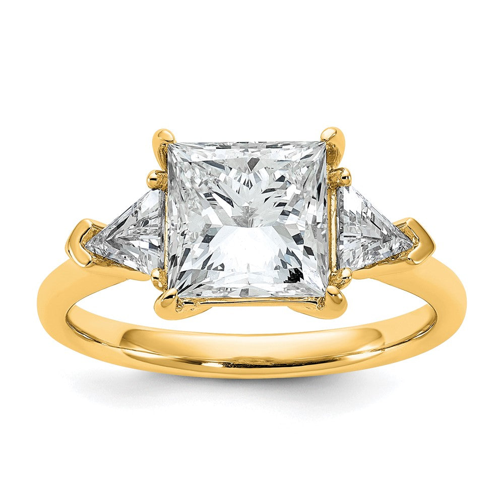 14K Yellow Gold 5/8 carat Lab Grown Diamond VS+ F+ Trillion and 2 1/2 carat Princess Center Semi Mount Three Stone Engagement Ring