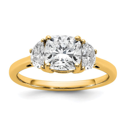 14K Yellow Gold 1/2 carat Lab Grown Diamond VS+ F+ Half Moon and 1 1/2 carat Cushion Center Semi Mount Three Stone Engagement Ring