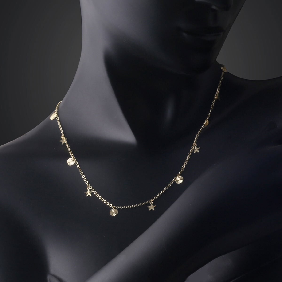 14K Yellow Gold Sparkling Star Lightweight Necklace