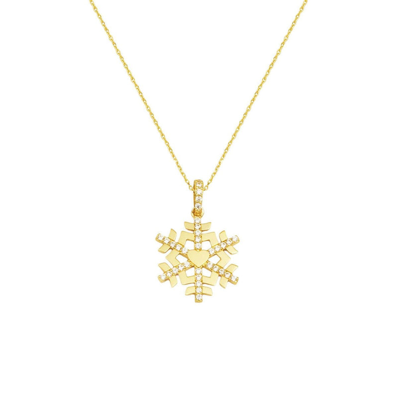 14K Yellow Gold Heart Snowflake Cubic Zirconia Necklace