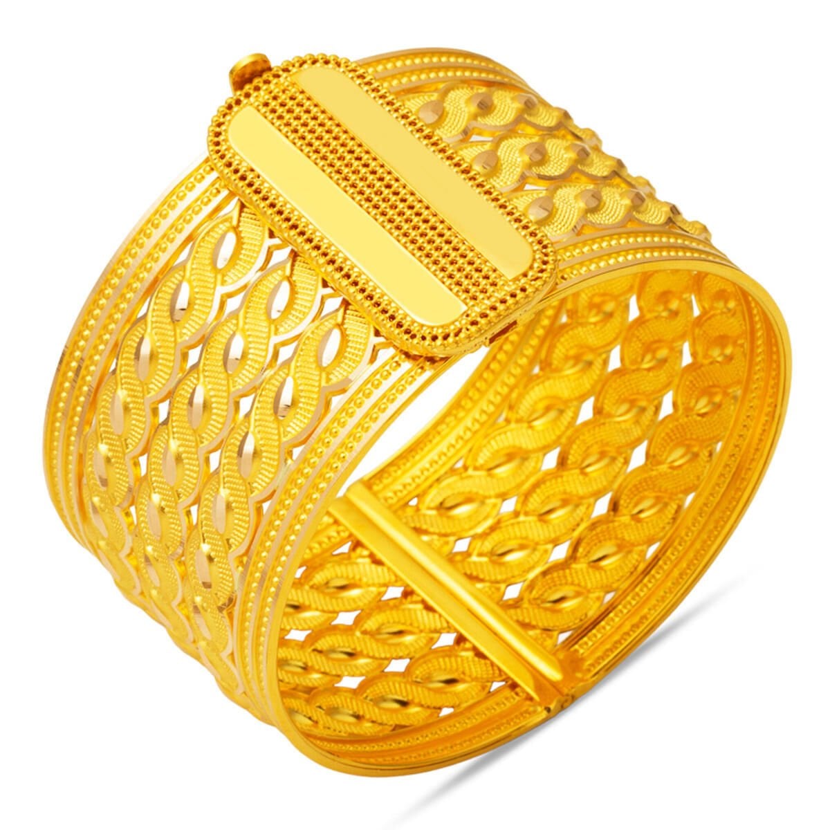 14K Yellow Gold Buckle Braided Hinged Cuff Bangle